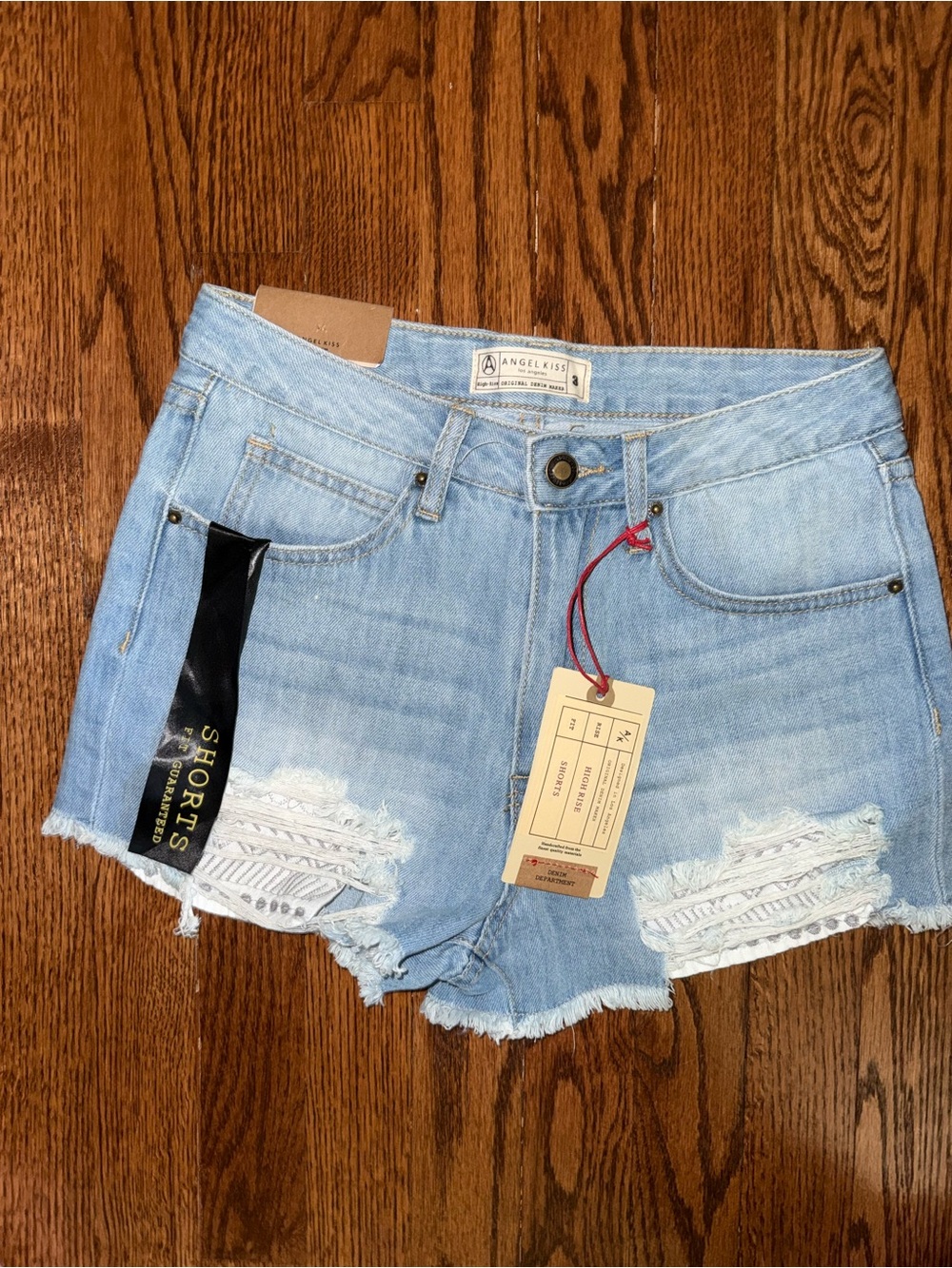 Angel Kiss Light Blue Distressed Denim Shorts with Lace Insets